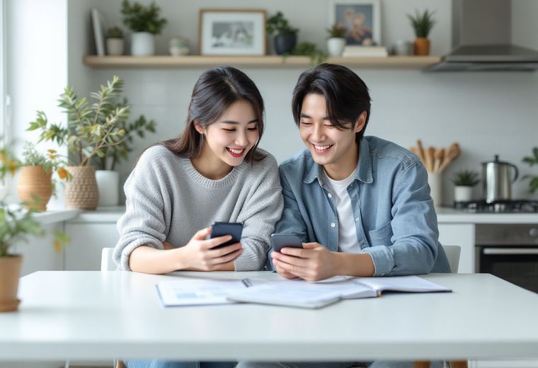 집 소파에 앉아 휴대폰으로 신청하는 모습